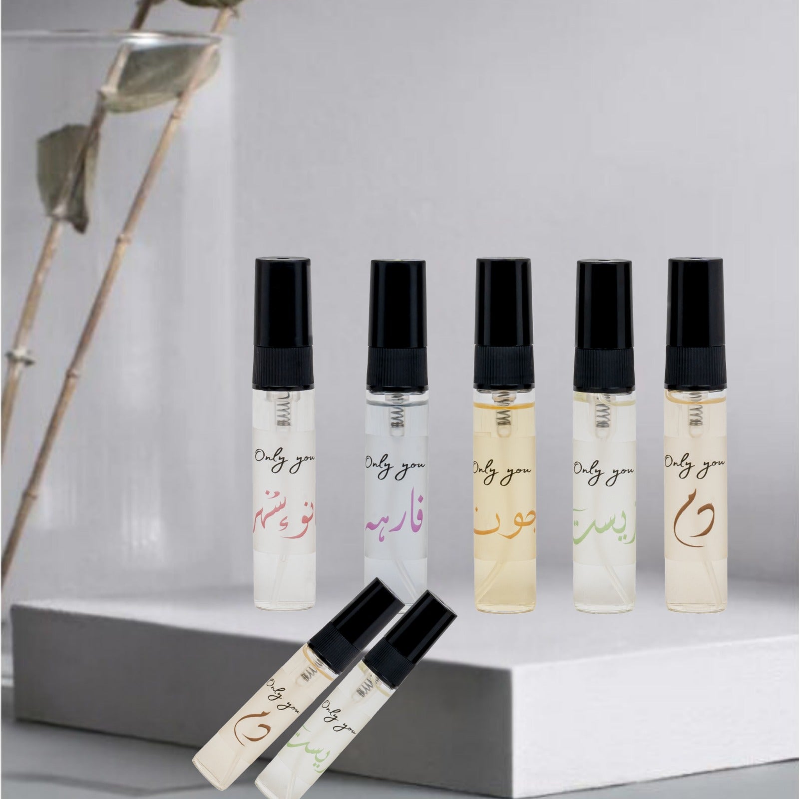 5ml Luxury Perfume Tester Pack featuring Dum, Banu-e-Shehar, Fariha, Jaun, and Zeest, crafted with 50% Extrait De Parfum.